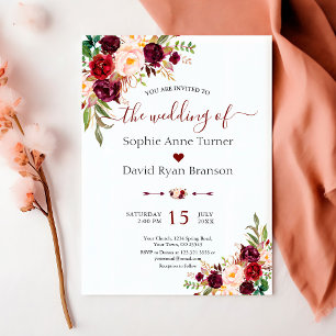 Watercolour Fall Burgundy Red Flowers Wedding Invitation