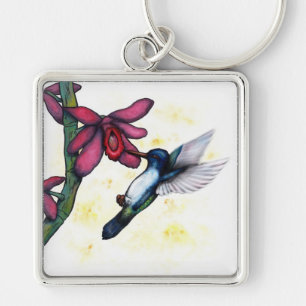 watercolour fantasy flying hummingbird and orchid key ring