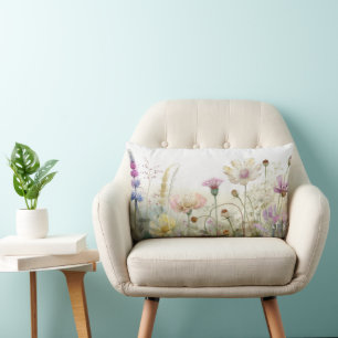 Watercolour field of wild flowers Lumbar Cushion