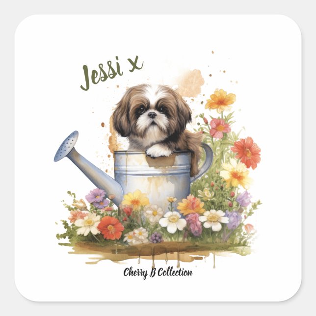 Watercolour Floral Shih Tzu, can be personalized Square Sticker (Front)