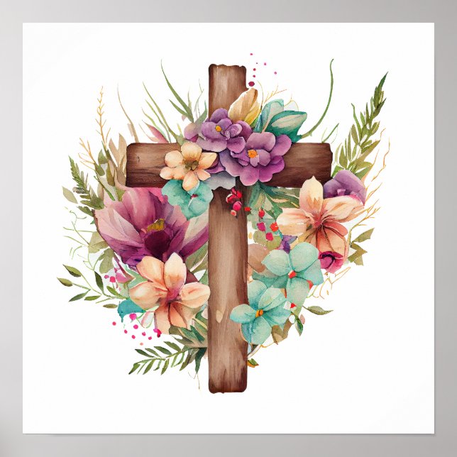 Watercolour Flowers & Cross Poster (Front)