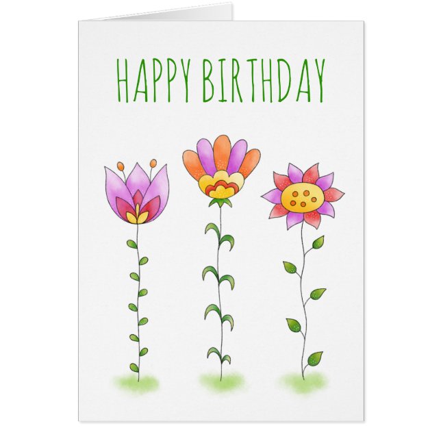 Watercolour Flowers Whimsical Happy Birthday Card (Front)