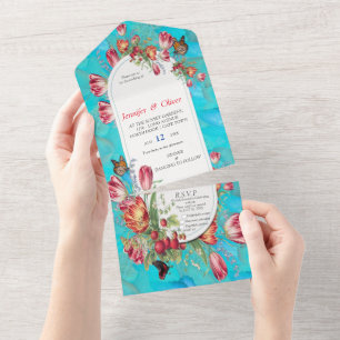 Watercolour Flowers with Visiting Butterflies. All In One Invitation