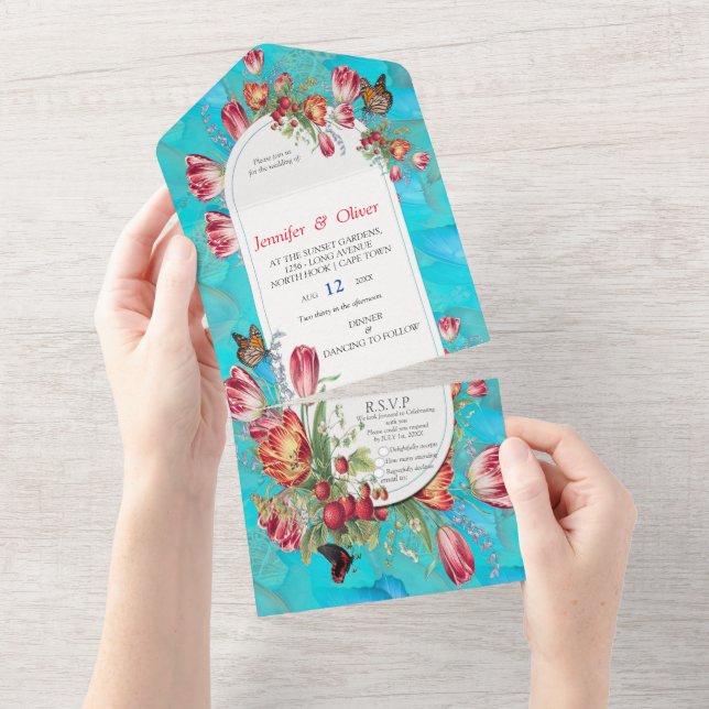 Watercolour Flowers with Visiting Butterflies. All In One Invitation (Tearaway)