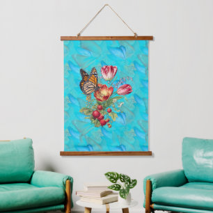Watercolour Flowers with Visiting Butterflies. Hanging Tapestry