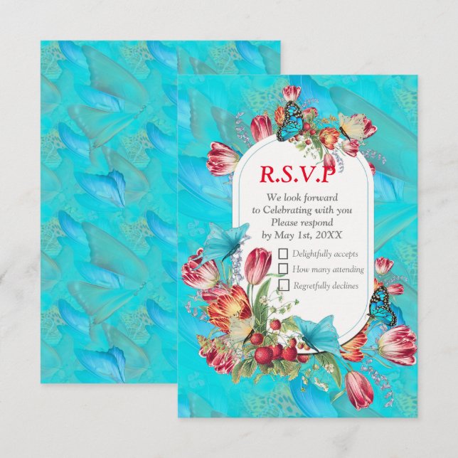 Watercolour Flowers with Visiting Butterflies RSVP Card (Front/Back)