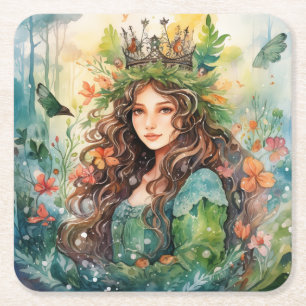 Watercolour Forest Princess Square Paper Coaster