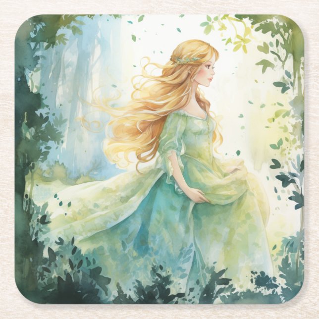 Watercolour Forest Princess Square Paper Coaster (Front)