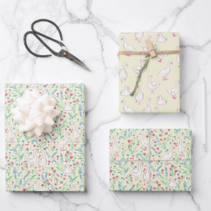 Watercolour Geese and Wildflowers Wrapping Paper Sheet