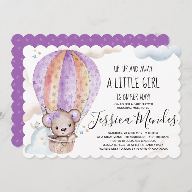 Watercolour Girl Teddy Bear Baby Shower Invitation (Front/Back)