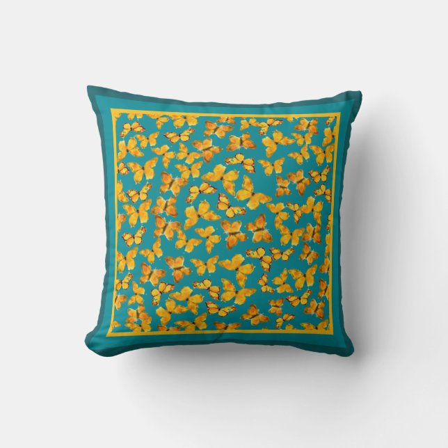 Watercolour Golden Butterflies on Teal Cushion (Front)