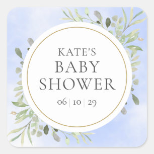 Watercolour Greenery Baby Boy Shower Square Sticker