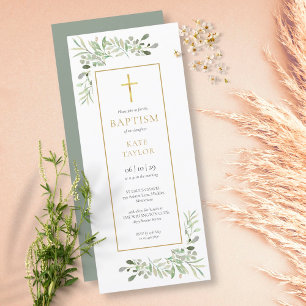 Watercolour Greenery Baptism Christening Invitation