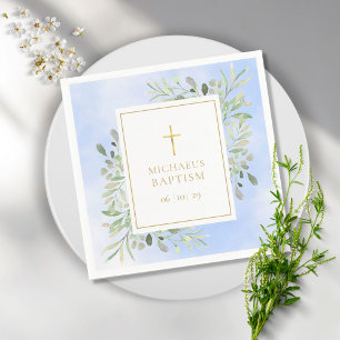 Watercolour Greenery Blue Baptism Christening Napkin
