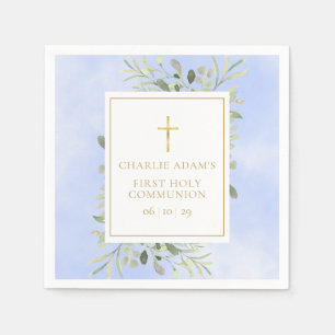 Watercolour Greenery Blue First Holy Communion Napkin