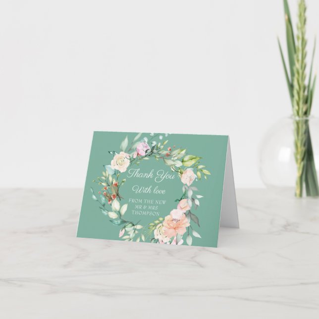 Watercolour Greenery Floral Wedding Thank You Card (Front)