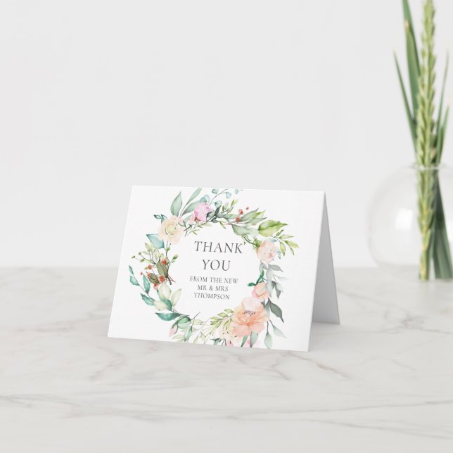 Watercolour Greenery Floral Wedding Thank You Card (Front)