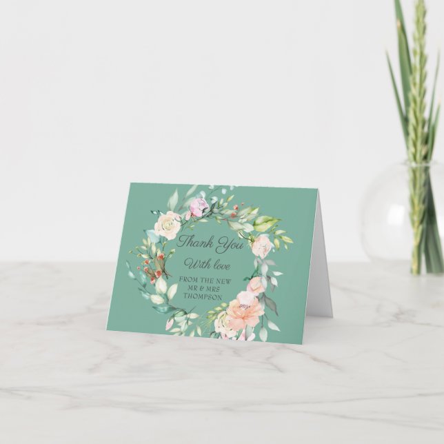 Watercolour Greenery Floral Wedding Thank You Card (Front)