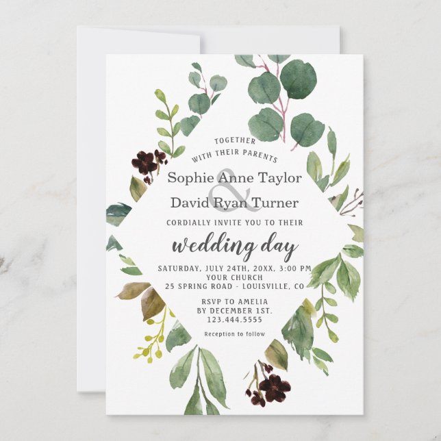Watercolour Greenery Foliage Frame Wedding Invitation (Front)