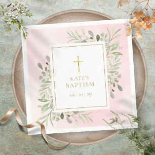 Watercolour Greenery Pink Baptism Christening Napkin