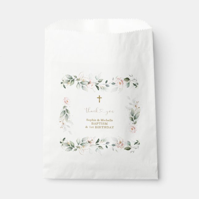 Watercolour Greenery Pink Floral Gold Baptism   Favour Bag (Front)