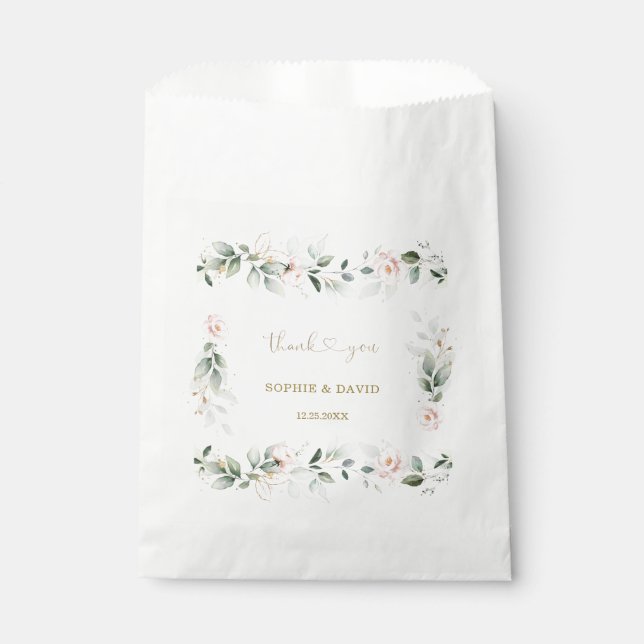 Watercolour Greenery Pink Floral Gold Wedding Favo Favour Bag (Front)