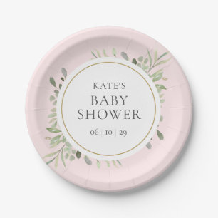 Watercolour Greenery Pink Girl Baby Shower Paper Plate