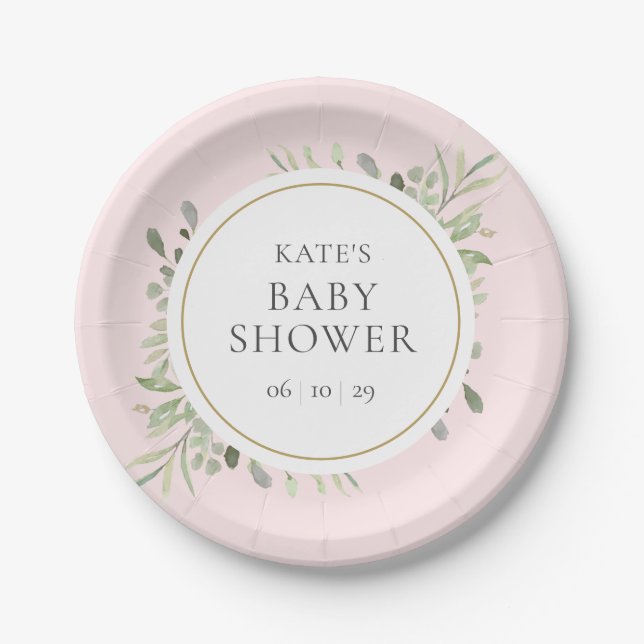 Watercolour Greenery Pink Girl Baby Shower Paper Plate (Front)
