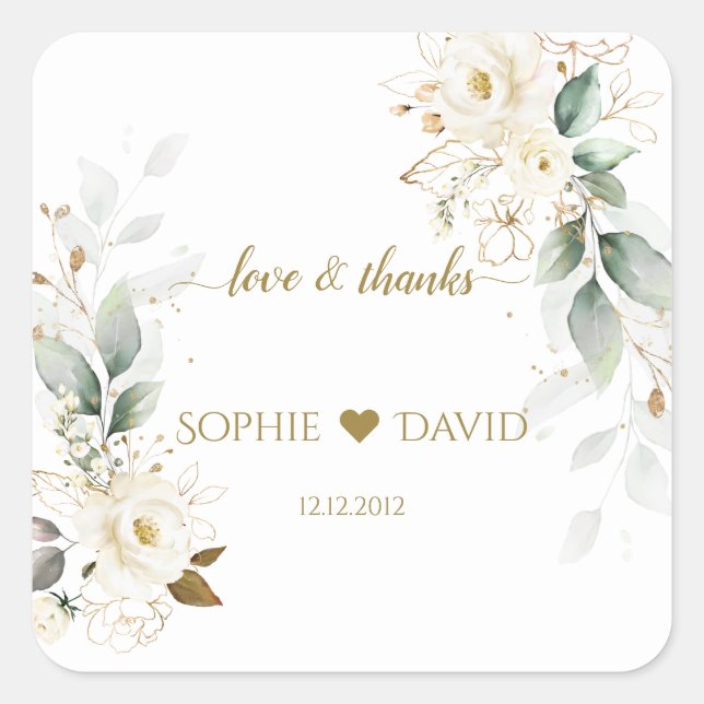 Watercolour Greenery White Floral Gold Wedding     Square Sticker (Front)