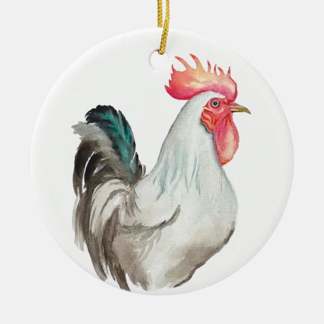 Watercolour hand drawing of a Rooster Ceramic Ornament (Front)