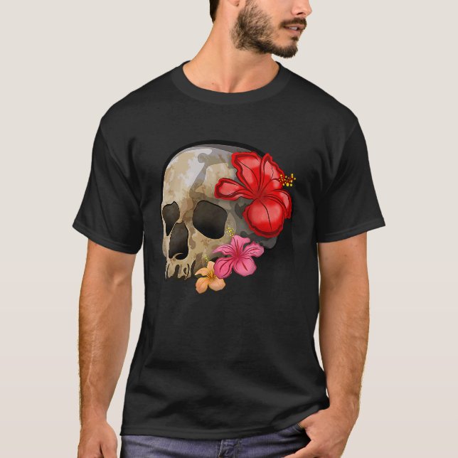Watercolour hippie gothic skull hibiscus floral Ha T-Shirt (Front)