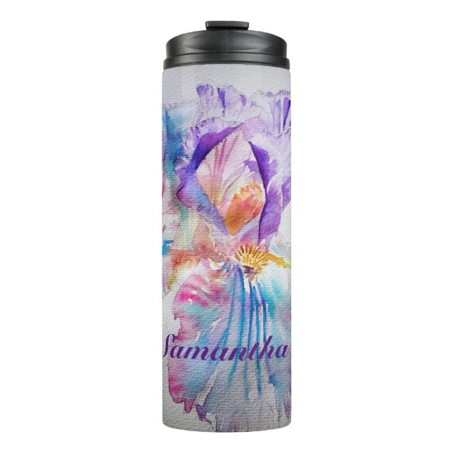 Watercolour Iris Flower Painting art irises Purple Thermal Tumbler (Front)