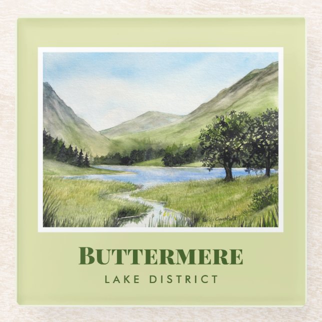 Watercolour Landscape Painting of Lake Buttermere Glass Coaster (Front)