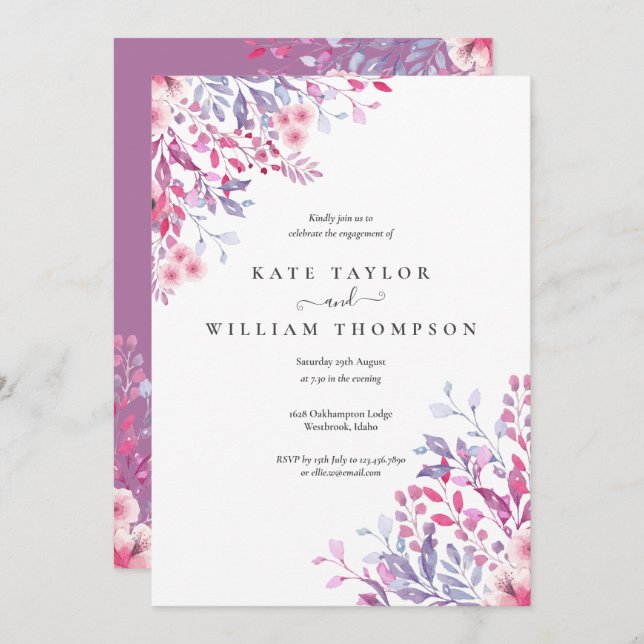 Watercolour Lavender Wildflowers Engagement Party Invitation (Front/Back)