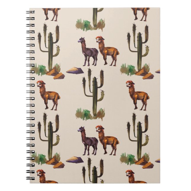 Watercolour llama alpaca wildlife seamless pattern notebook (Front)