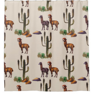 Watercolour llama alpaca wildlife seamless pattern shower curtain