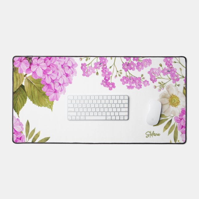 Watercolour Magenta Hydrangeas Floral Personalised Desk Mat (Keyboard & Mouse)
