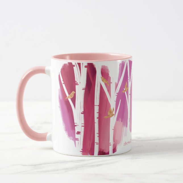Watercolour Magenta Wash Birch Trees & Gold Doves Mug (Left)