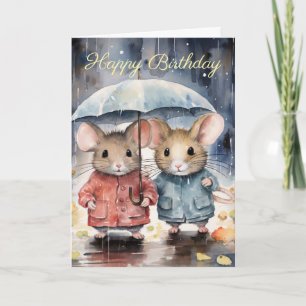 Watercolour Mice in The Rain Card