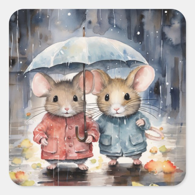 Watercolour Mice in The Rain Square Sticker (Front)