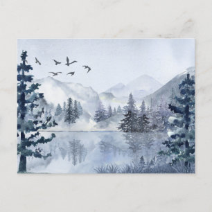 Watercolour mountain lake winter landscape   holiday postcard