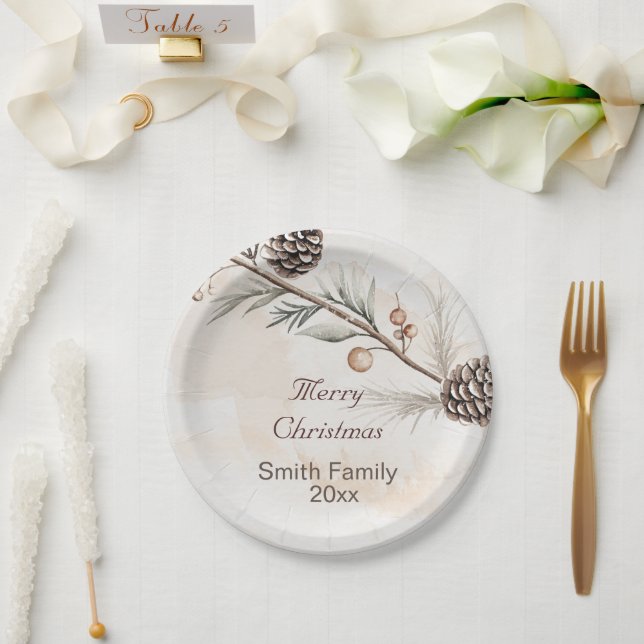 Watercolour Neutral colour Christmas tree Paper Plate (Wedding)