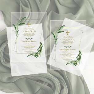 Watercolour Olive Leaves Gold Boy Holy Communion Acrylic Invitations