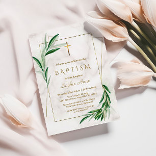 Watercolour Olive Leaves Marble Baptism Invitation