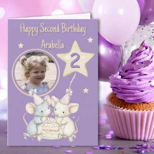 Watercolour One Photo, Mice Second Birthday Card