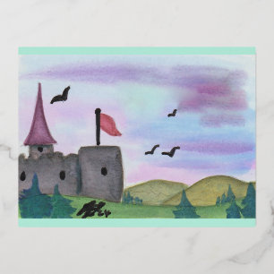 Watercolour Painting Fantasy Fortress Castle Age Foil Holiday Postcard