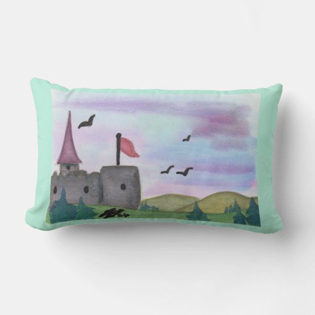 Watercolour Painting Fantasy Fortress Castle Age Lumbar Cushion (Front)