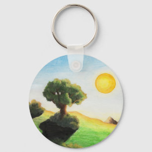 watercolour painting tree art sun nature landscape key ring