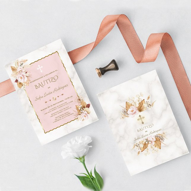 Watercolour Pampas Grass Pink Flowers Gold Bautizo Invitation (Creator Uploaded)