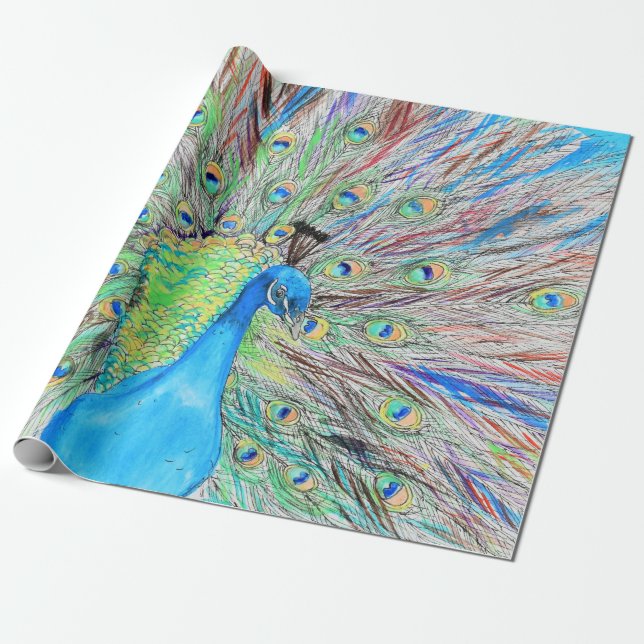 Watercolour Peacock Painting Wrapping Paper (Unrolled)